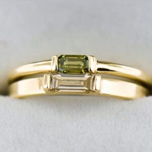 gold and baguette diamond east west stacking rings