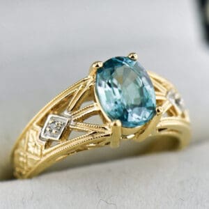 blue zircon and diamond gold antique style ring