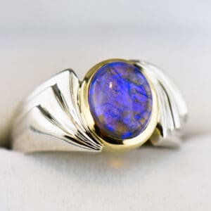 custom unisex twotone gold ring with violet galaxy black opal