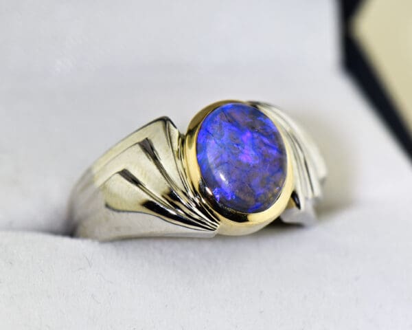 custom unisex twotone gold ring with violet galaxy black opal 4