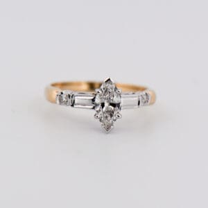 mid century marquise diamond two tone gold engagement ring