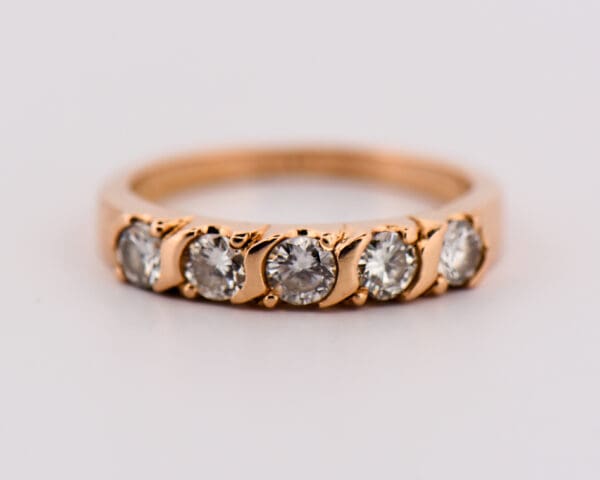 vintage rosy yellow gold diamond 5 stone wedding band 2