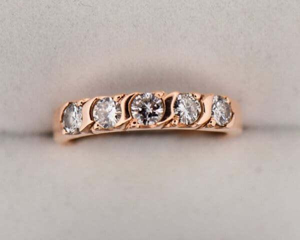 vintage rosy yellow gold diamond 5 stone wedding band 3