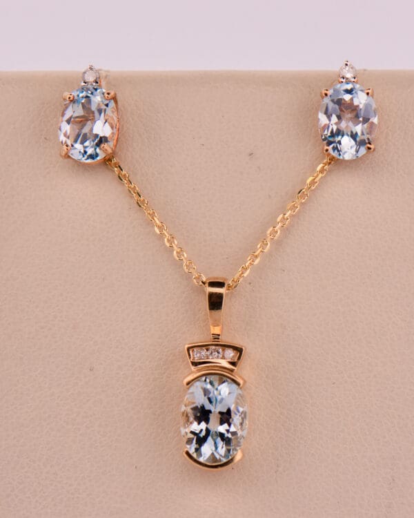 yellow gold aquamarine and diamond pendant and earring set 3