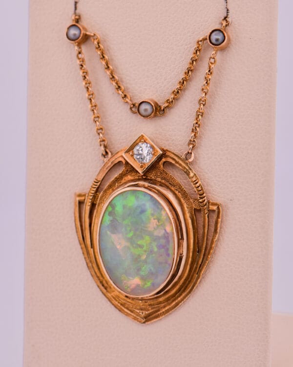 antique art nouveau gold opal diamond and pearl necklace 3