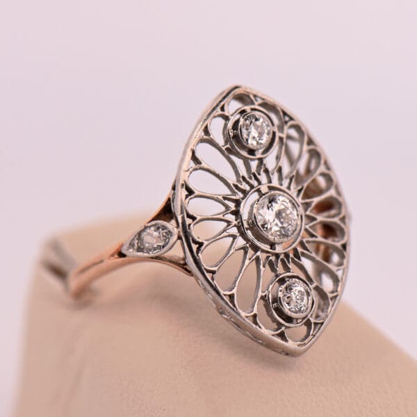 belle epoque platinum over gold filigree navette ring with diamonds 2