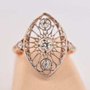 belle epoque platinum over gold filigree navette ring with diamonds