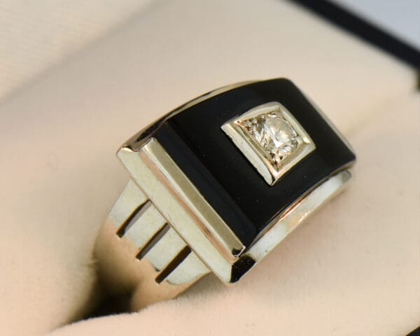 deco gents black onyx buckle ring with diamond accent white gold 2