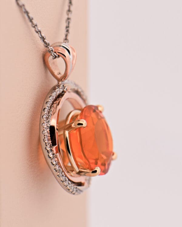 large round mexican fire opal and diamond pendant rose and white gold 3