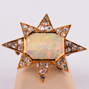 victorian star brooch with opal and old mine cut diamonds