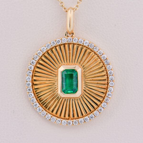 custom sunburst pendant with zambian emerald and diamonds 4