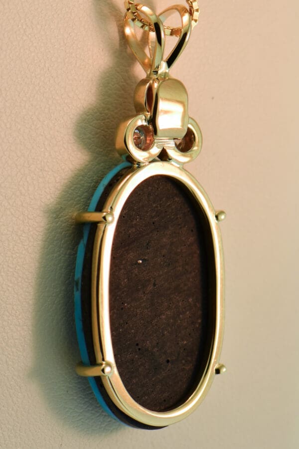 large kingman turquoise and diamond pendant set in yellow gold 3