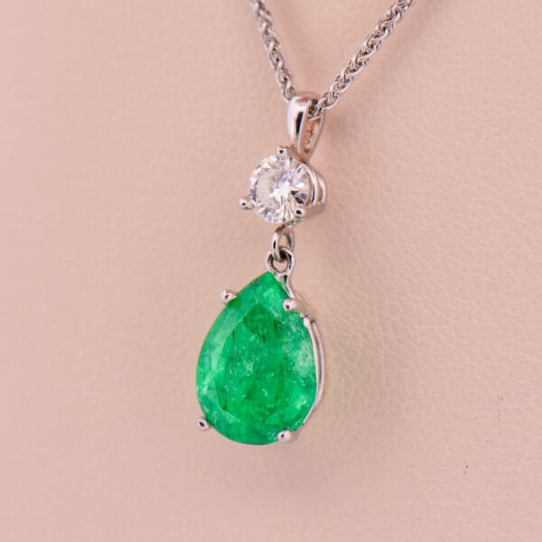 natural pear shape emerald and diamond drop pendant 3