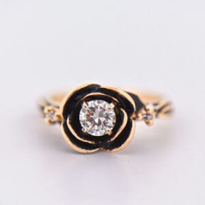 vintage carved gold antiqued rose ring floral diamond engagement ring