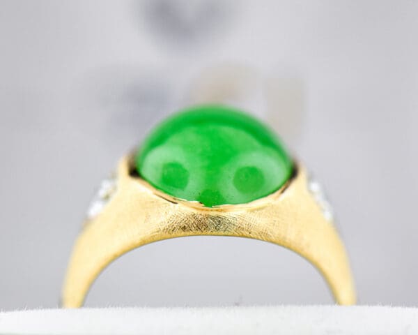 vintage gents ring with green jadeite jade and diamonds in textured gold 2