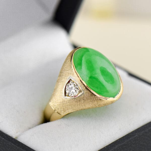 vintage gents ring with green jadeite jade and diamonds in textured gold 3