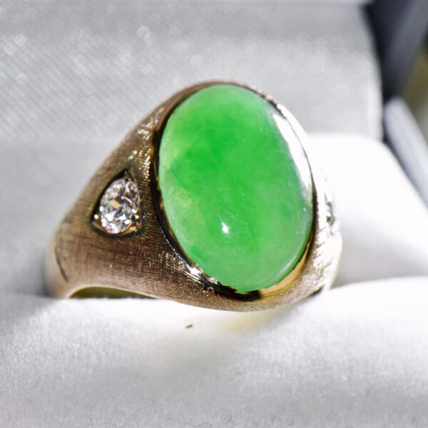 vintage gents ring with green jadeite jade and diamonds in textured gold 4