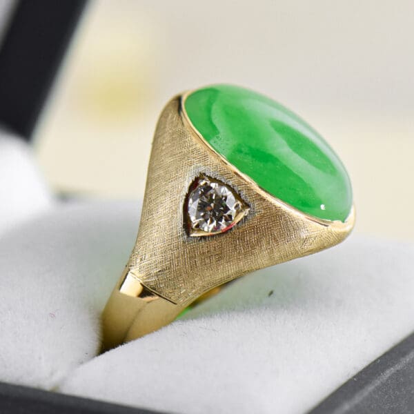 vintage gents ring with green jadeite jade and diamonds in textured gold 5