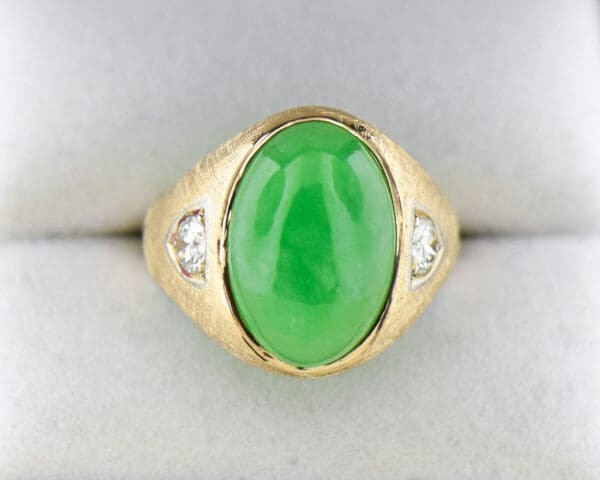 vintage gents ring with green jadeite jade and diamonds in textured gold